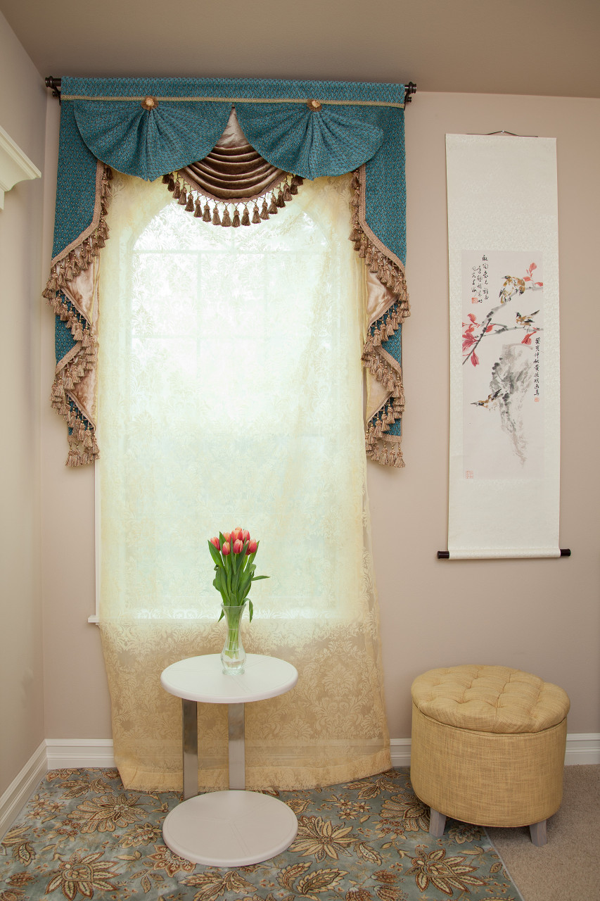 Paris salon swag valances curtain drapes blue chenille for Pareti salone